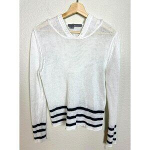 360 Sweater Linen Loose Knit Sweater Top Size M Hood White Black Stripe Pullover